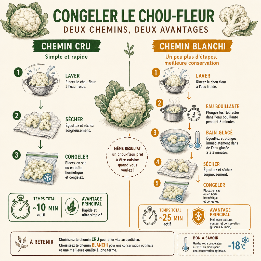 Infographie comparant les étapes de congélation du chou-fleur cru et du chou-fleur blanchi