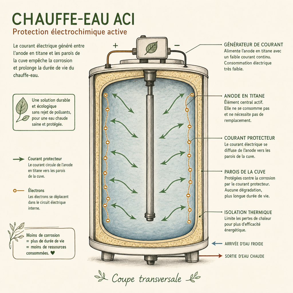 Schéma technique d'un chauffe-eau ACI montrant l'importance de l'alimentation électrique