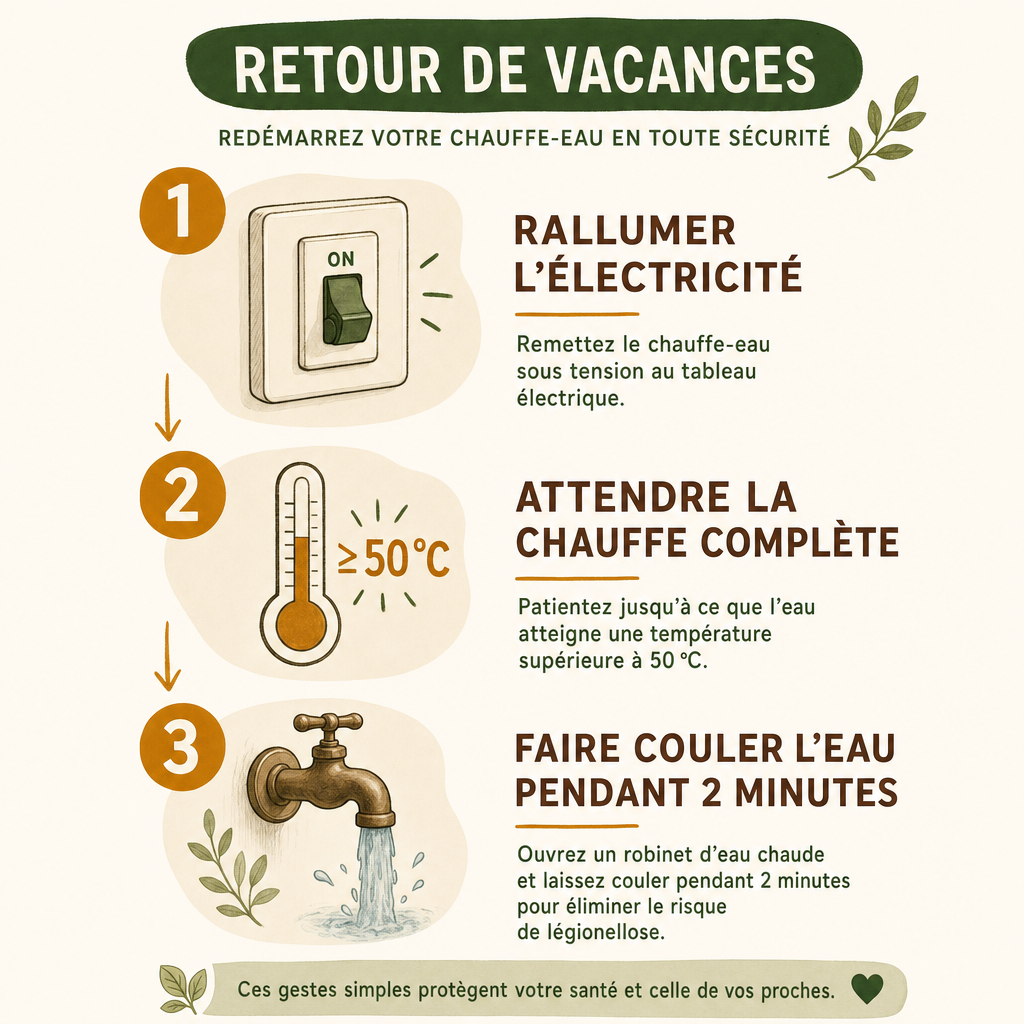Infographie des 3 étapes de remise en route sécurisée du chauffe-eau pour éviter la légionellose