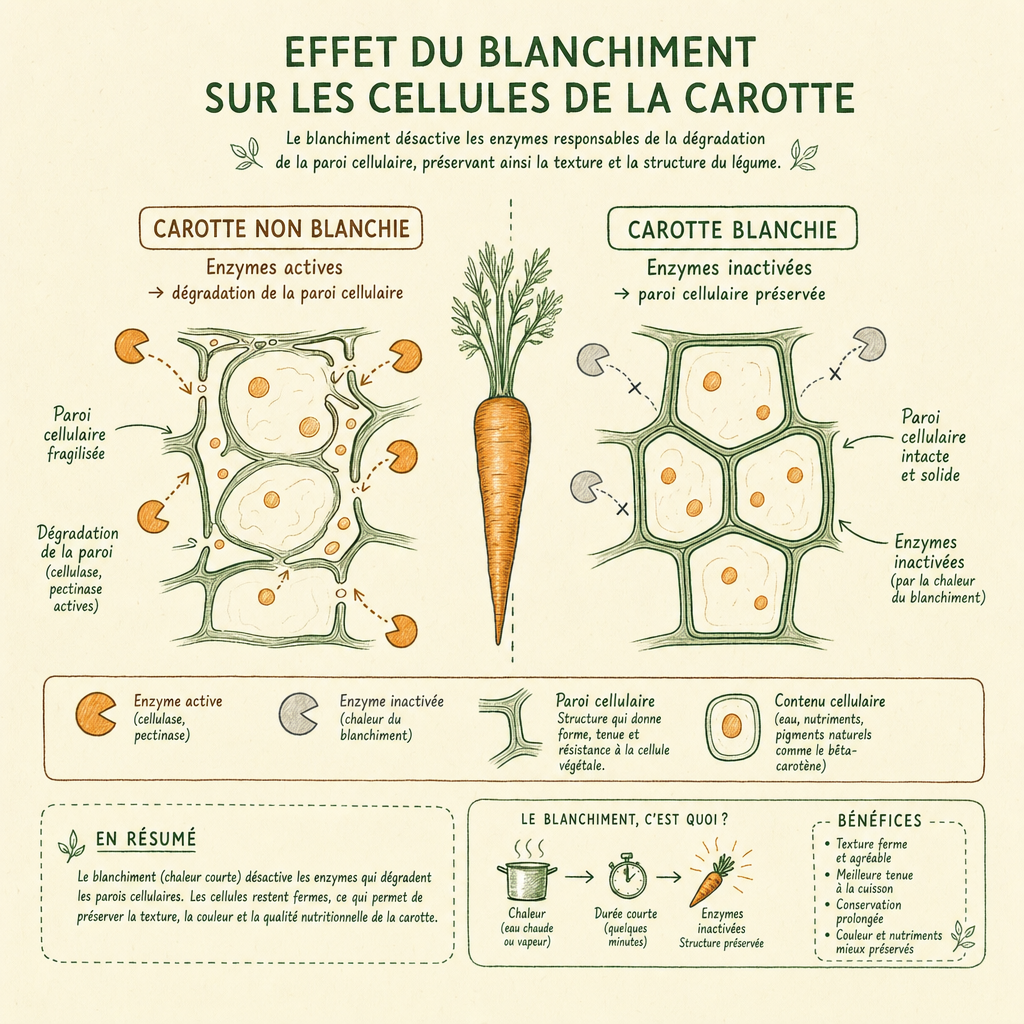 Schéma expliquant l'inactivation des enzymes de la carotte grâce au blanchiment