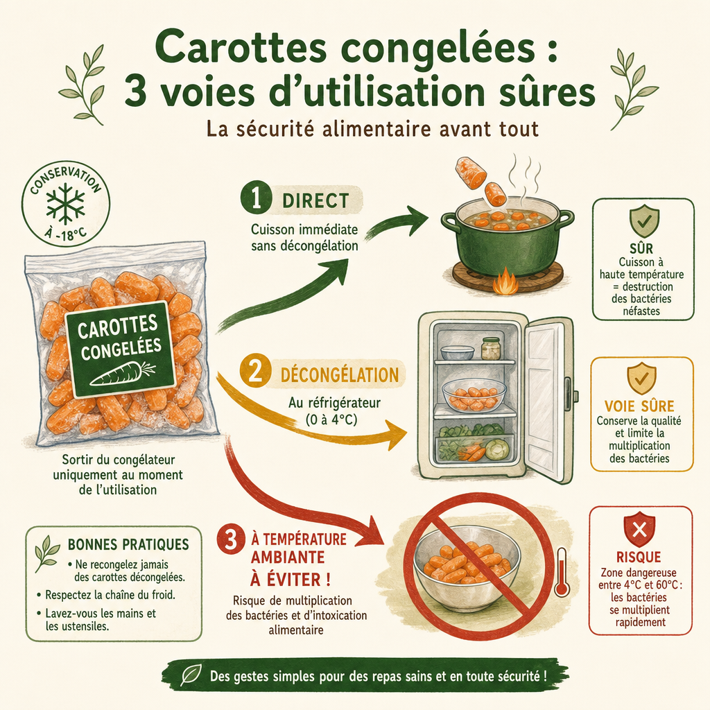 Schéma des bonnes pratiques pour décongeler et cuisiner des carottes surgelées