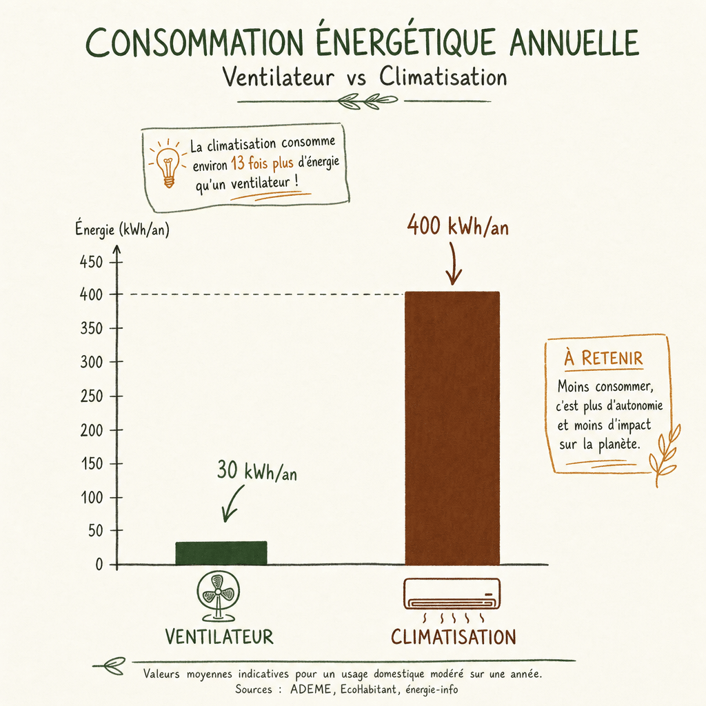 Diagramme à barres comparant la consommation électrique annuelle entre un ventilateur et un climatiseur.