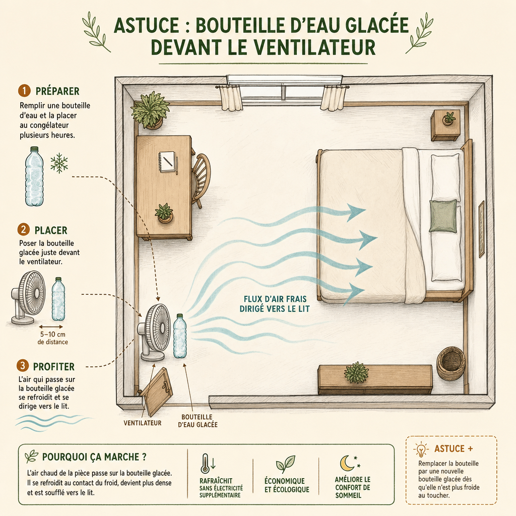 Schéma explicatif montrant comment optimiser l'air frais d'un ventilateur avec une bouteille glacée.