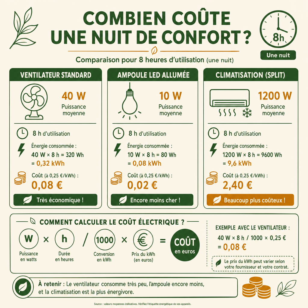 Infographie détaillant la formule de calcul et le faible coût d'utilisation nocturne d'un ventilateur.