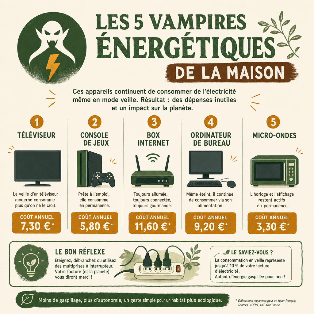 Infographie des 5 appareils électriques qui consomment le plus en mode veille dans la maison