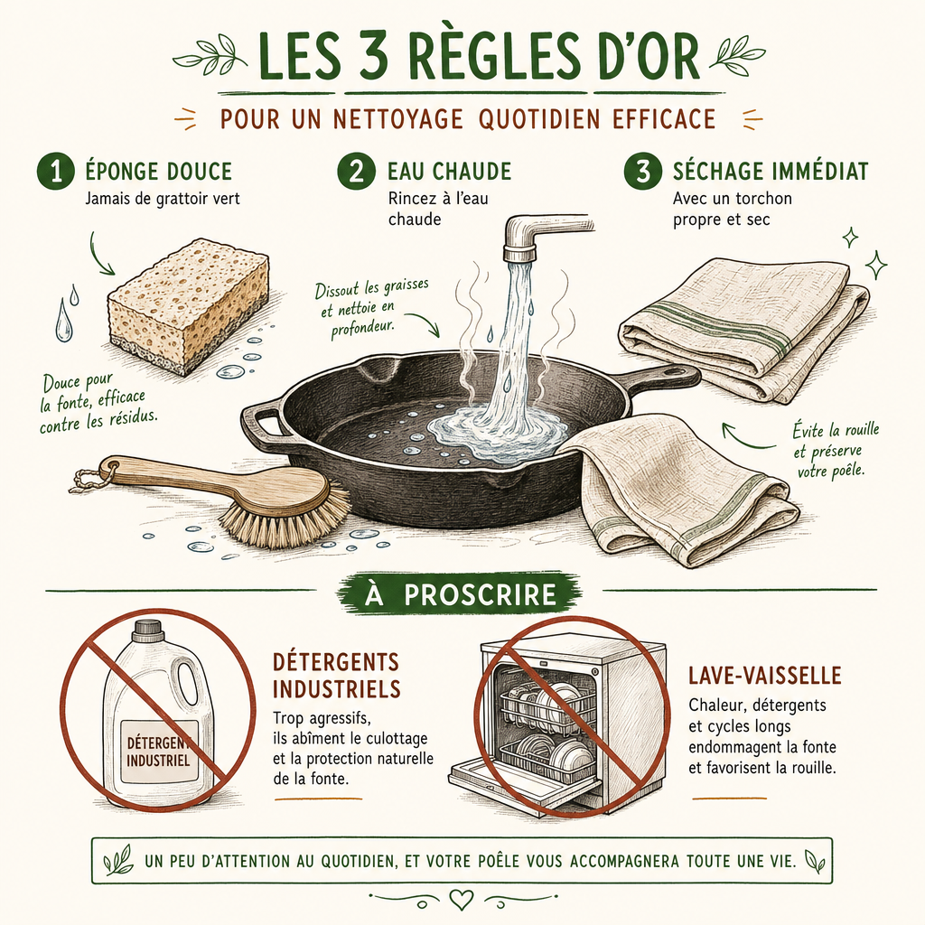 Illustration des bonnes pratiques pour le nettoyage quotidien d'une poêle en fonte à la main.