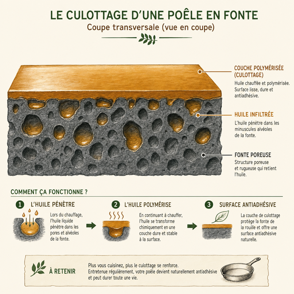 Schéma en coupe transversale montrant comment l'huile polymérise dans les pores de la fonte pour créer le culottage antiadhésif.