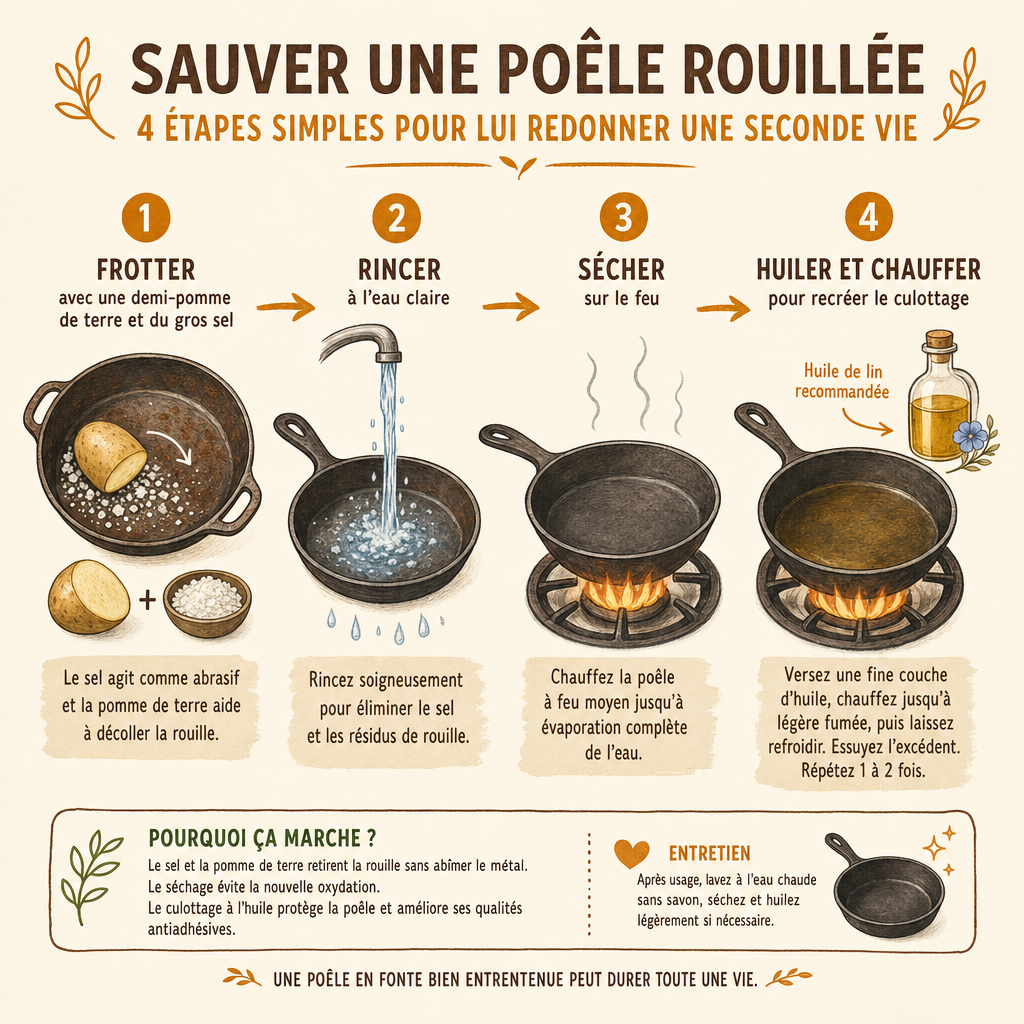 Infographie étape par étape expliquant comment nettoyer et sauver une poêle en fonte rouillée avec des produits naturels.