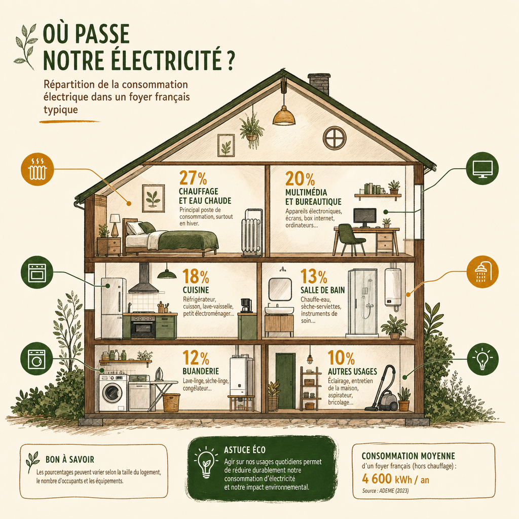 Infographie de la répartition de la consommation électrique dans une maison