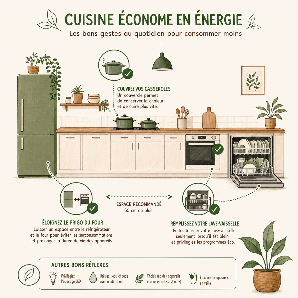 Schéma des bonnes pratiques pour réduire la consommation électrique dans la cuisine