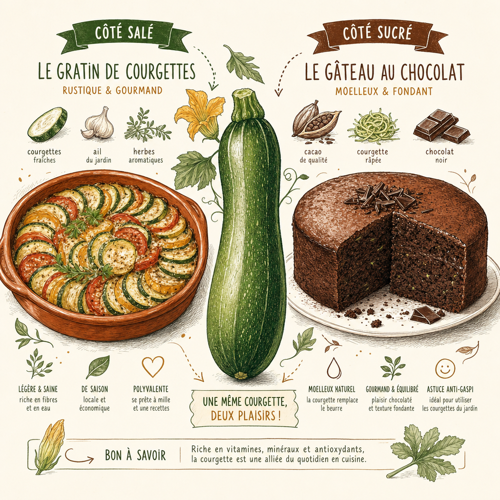 Illustration de la polyvalence de la courgette, utilisée à la fois pour des gratins salés et des gâteaux au chocolat.