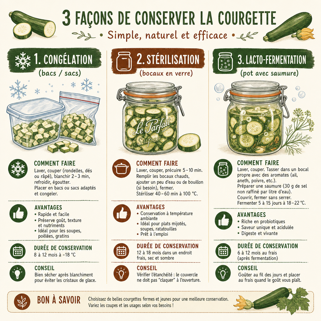 Infographie des 3 méthodes pour conserver les courgettes : congélation, bocaux stérilisés et lacto-fermentation.