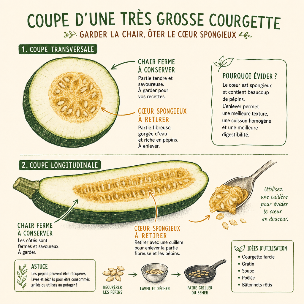 Schéma technique montrant comment évider le cœur spongieux et les pépins d'une courgette géante du potager.