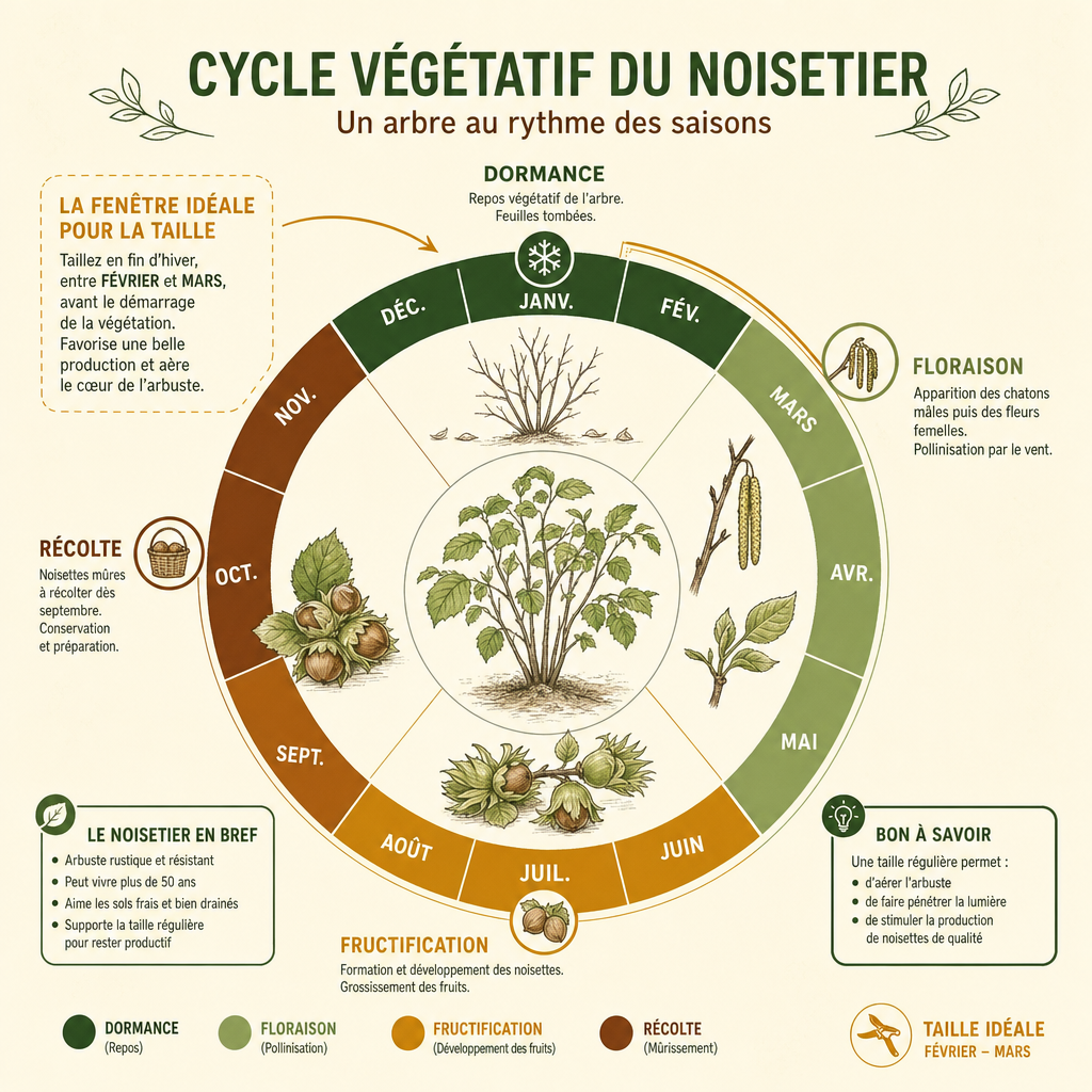 Calendrier annuel du cycle végétatif et période idéale pour la taille du noisetier.