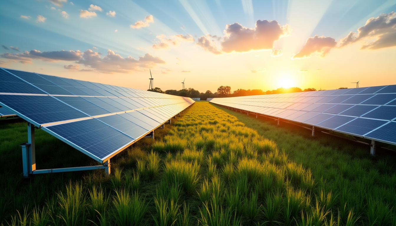 Champ de panneaux photovoltaïques au soleil couchant