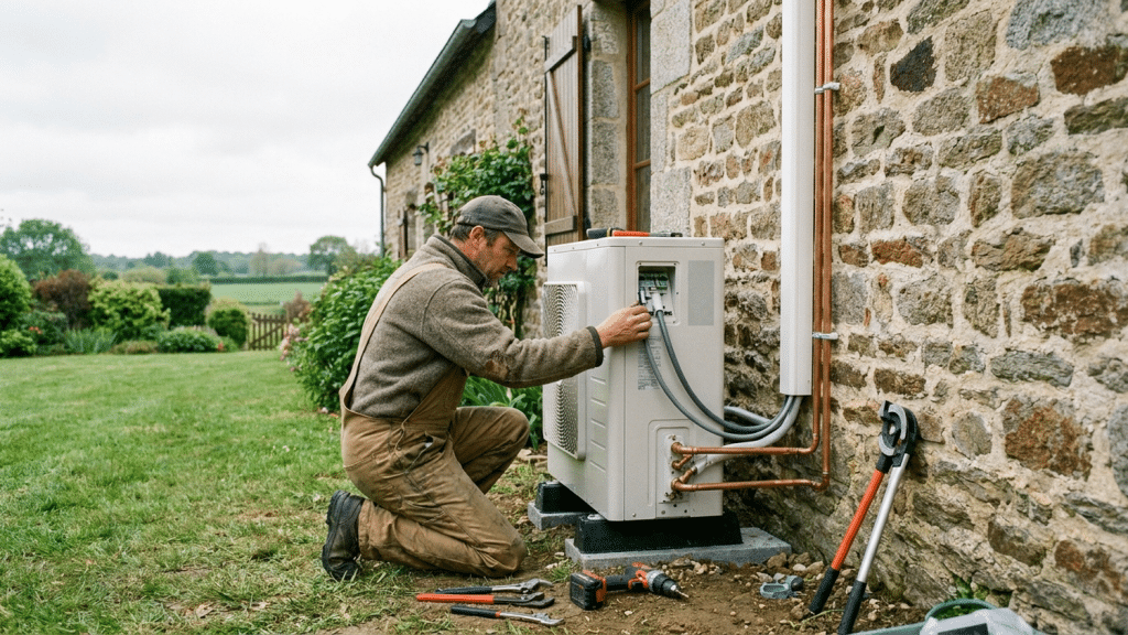 Technicien installant une pompe à chaleur air-eau contre une maison en pierre près du Mans, en Sarthe
