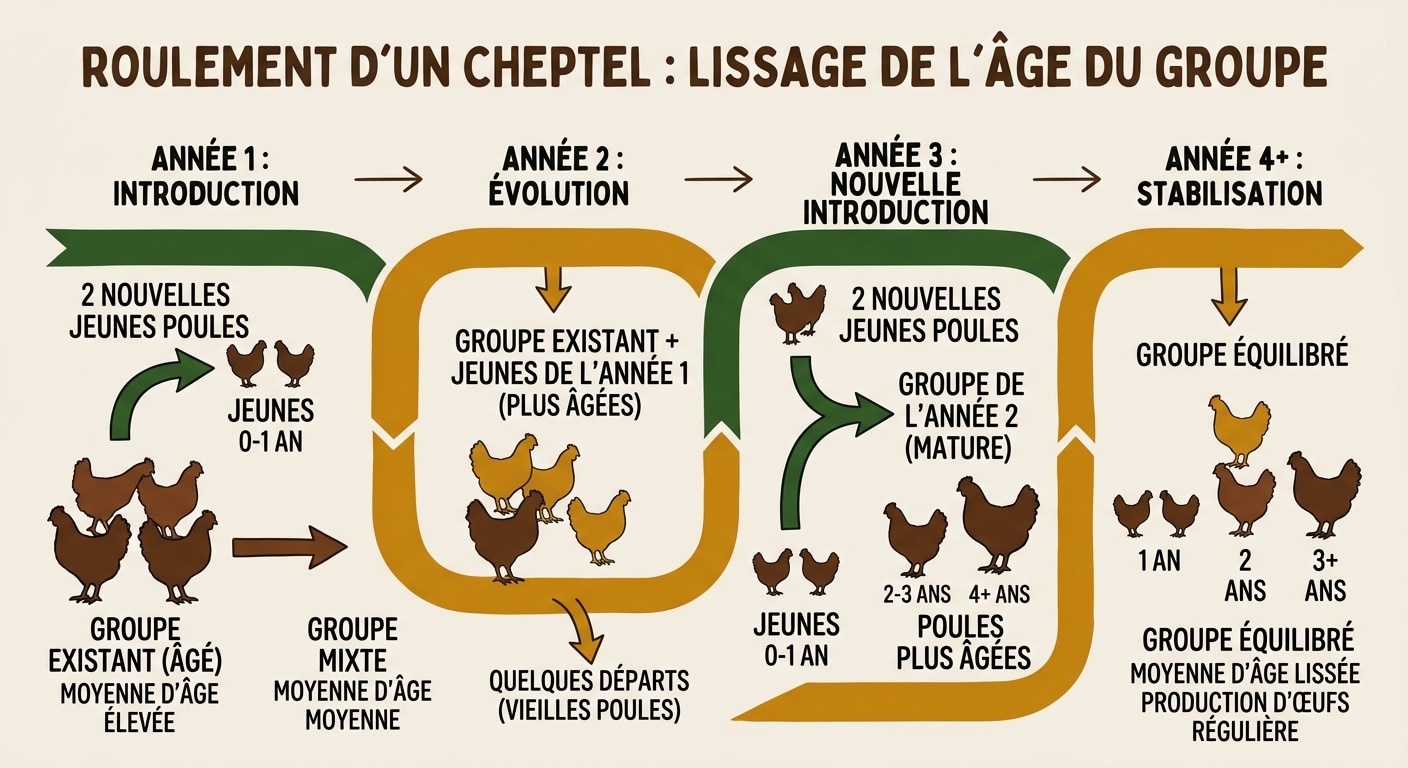 Diagramme illustrant la stratégie de rotation d'un cheptel de poules pour garantir une ponte continue.