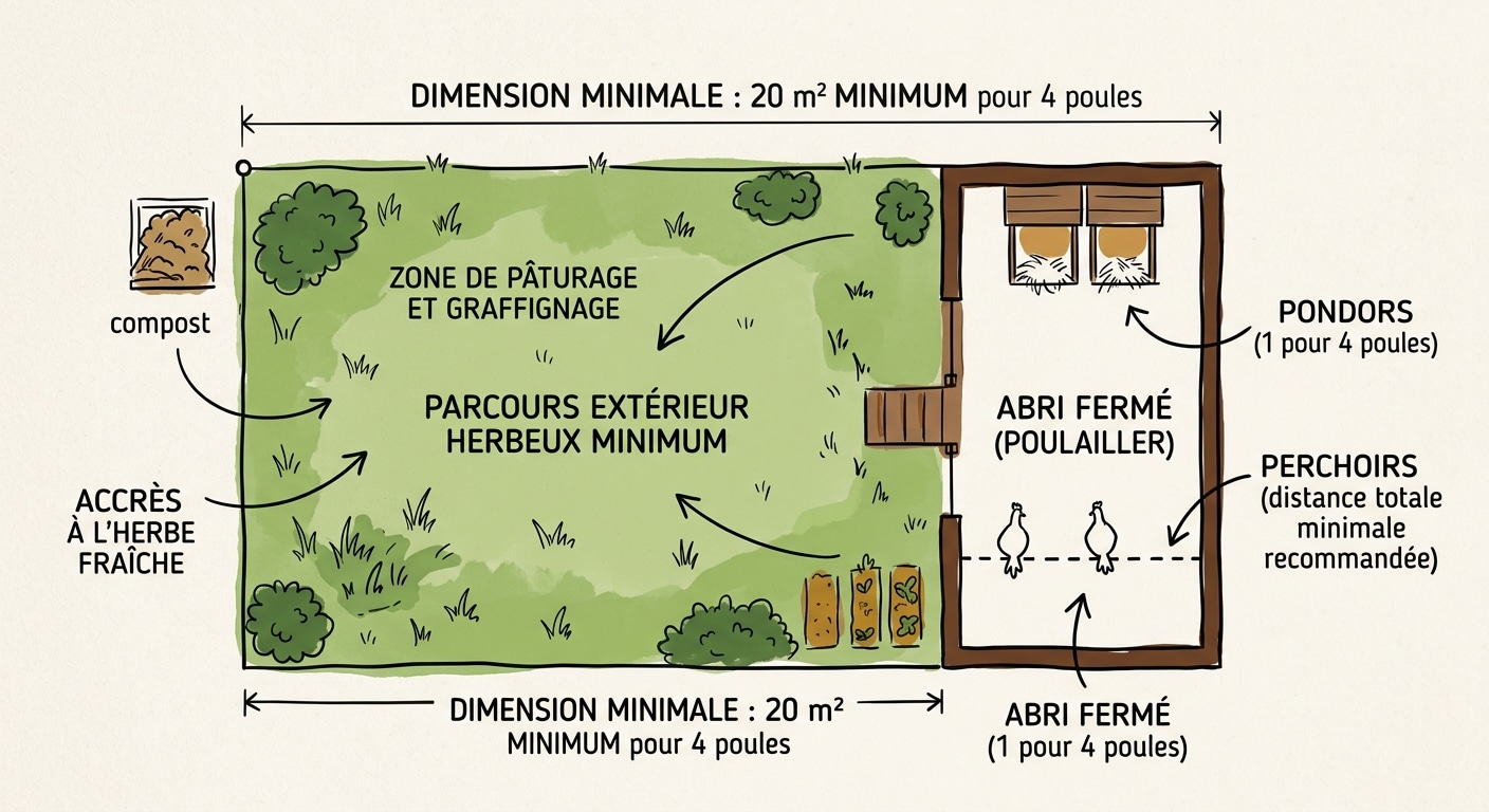 Schéma des dimensions idéales d'un poulailler et de son parcours extérieur pour quatre poules.