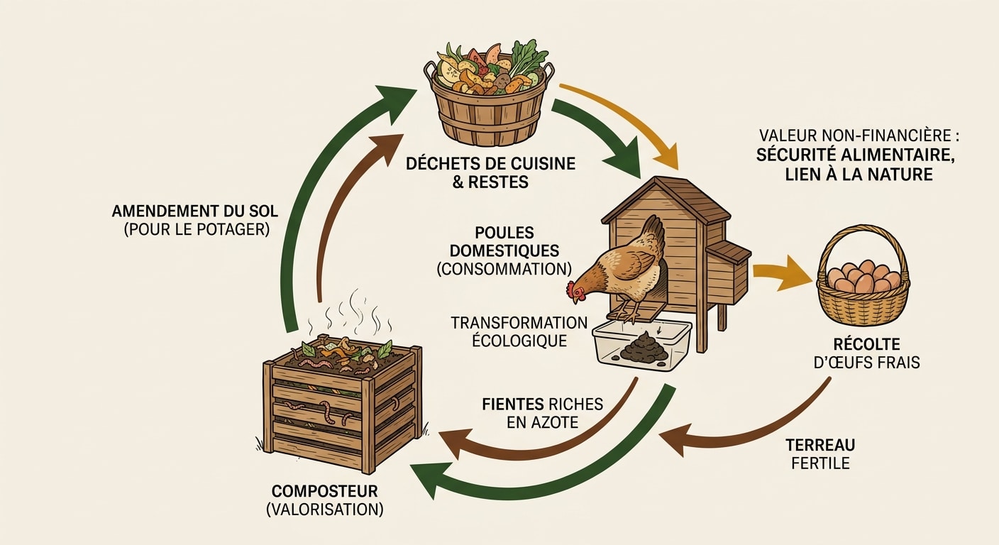 Cycle écologique du poulailler : des déchets de cuisine à la production d'œufs