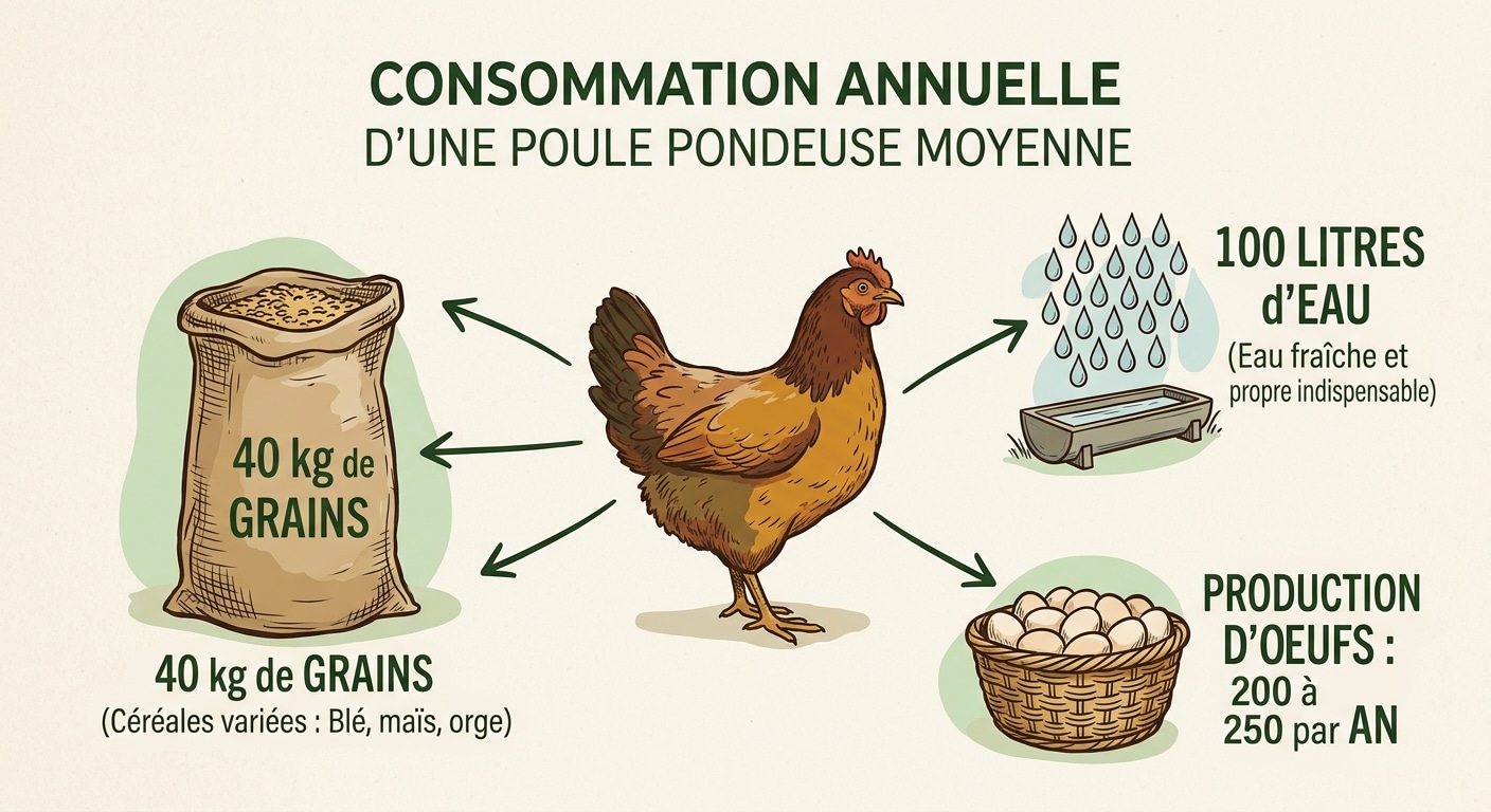 Schéma des besoins annuels en alimentation et en eau pour une poule