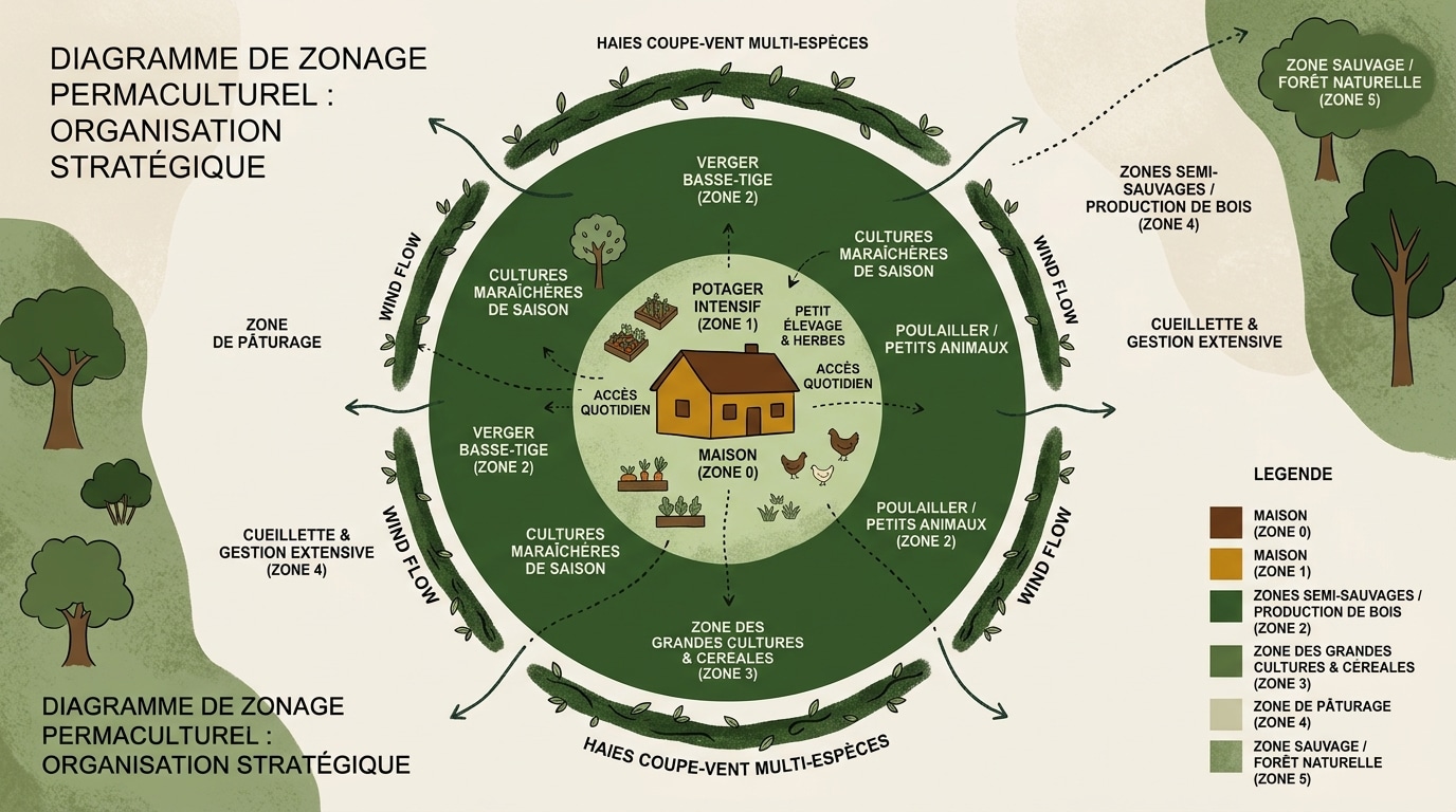 Plan d'aménagement en permaculture montrant les 5 zones d'un terrain autonome optimisé.