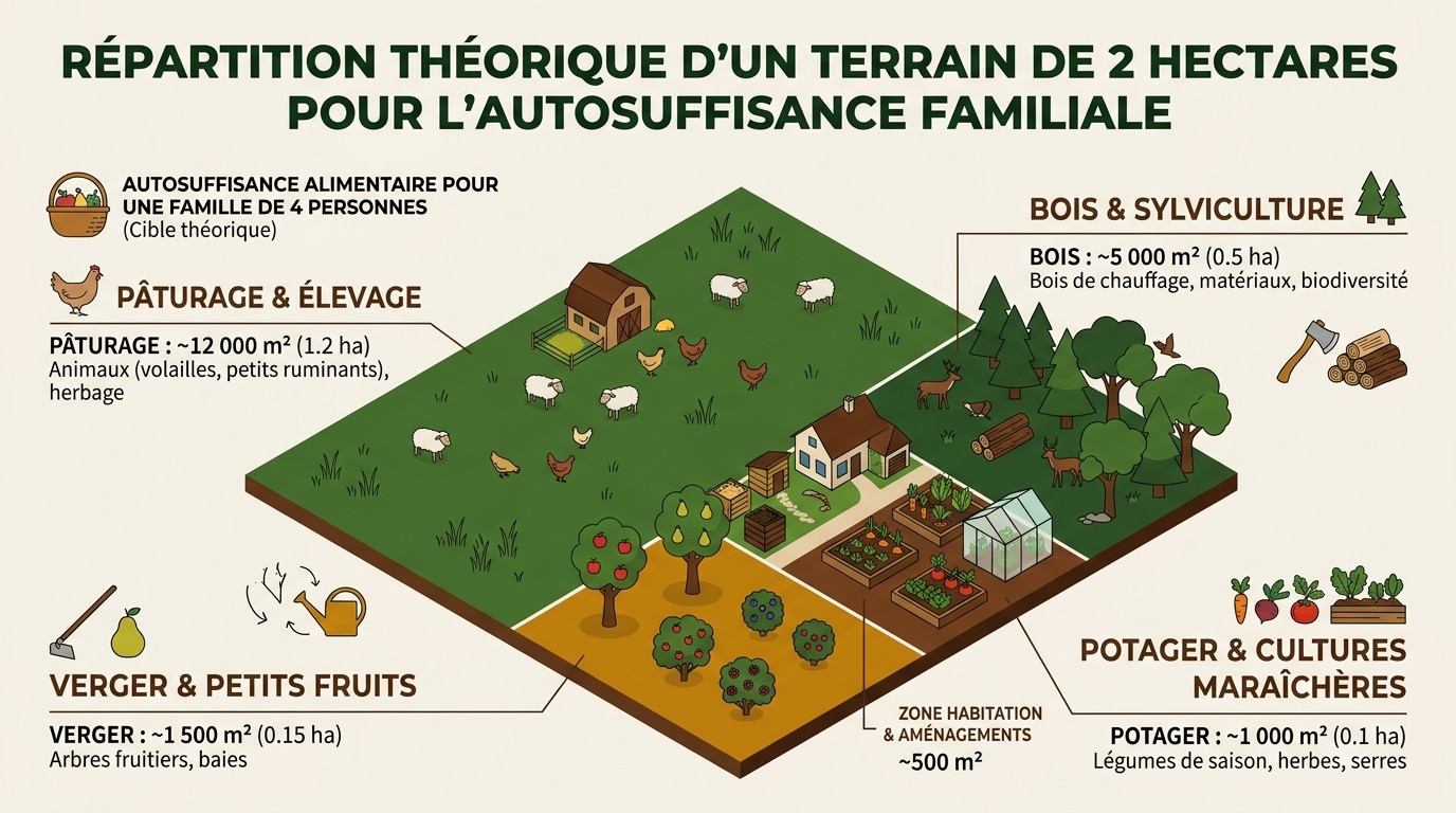 Répartition visuelle des différentes surfaces agricoles nécessaires pour nourrir une famille en autonomie.