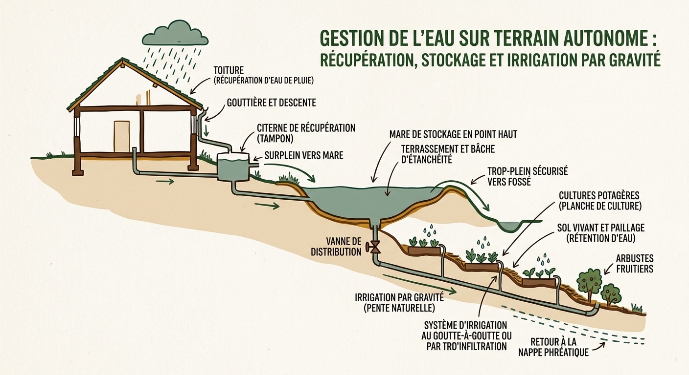 Schéma de gestion de l'eau en permaculture : récupération de pluie, stockage et irrigation gravitaire.