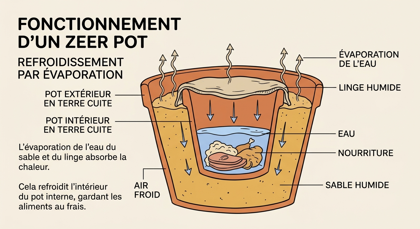 Coupe transversale d'un frigo du désert (Zeer Pot) expliquant le refroidissement par évaporation