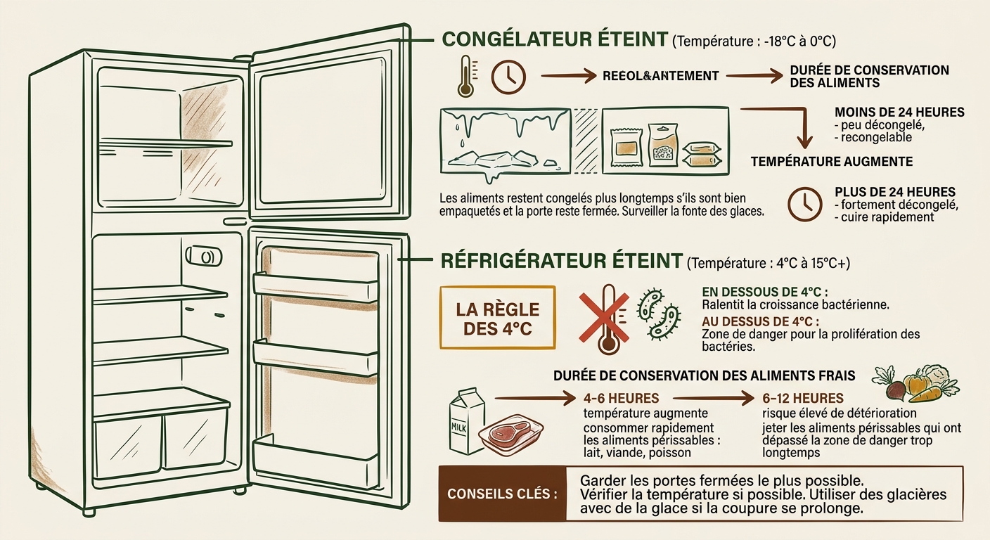 Schéma des durées de conservation des aliments lors d'une panne de frigo et seuil de sécurité à 4°C