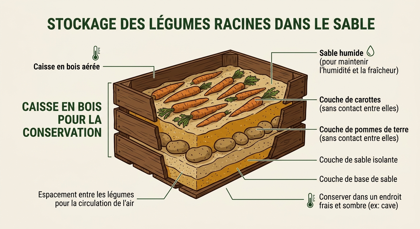 Technique de conservation hivernale : légumes racines enterrés dans une caisse de sable
