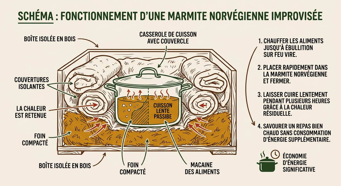Schéma technique en coupe d'une marmite norvégienne pour la cuisson passive