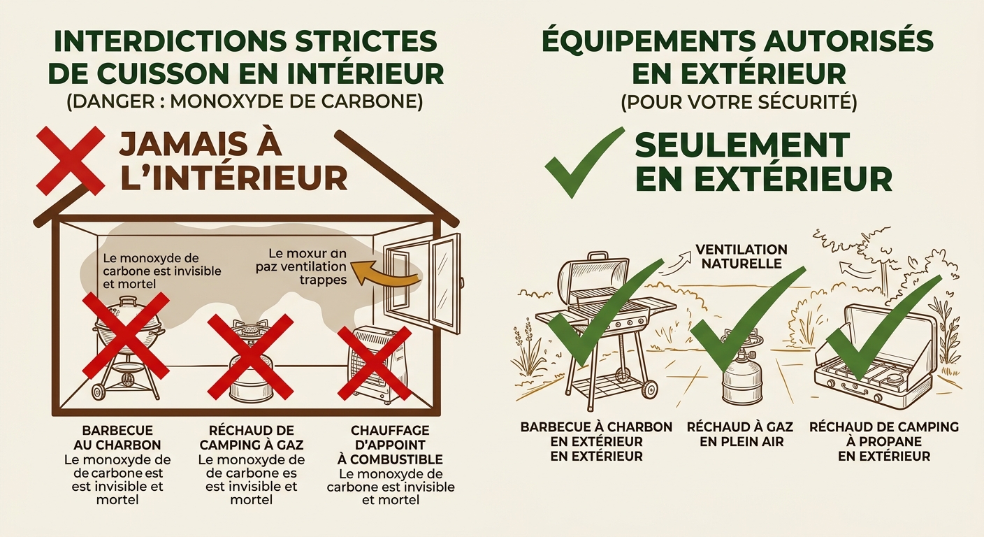 Infographie des dangers du monoxyde de carbone et des méthodes de cuisson interdites en intérieur