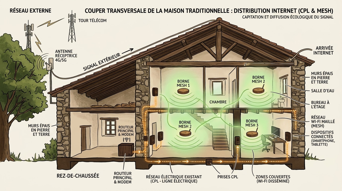 Schéma de la distribution locale d'Internet dans une maison aux murs épais avec Wi-Fi Mesh et réseau filaire.