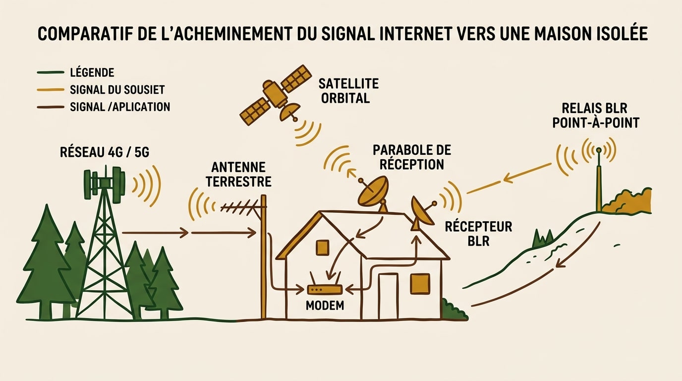 Diagramme montrant les différences de réception entre la 4G, le satellite et la boucle locale radio pour un site isolé.