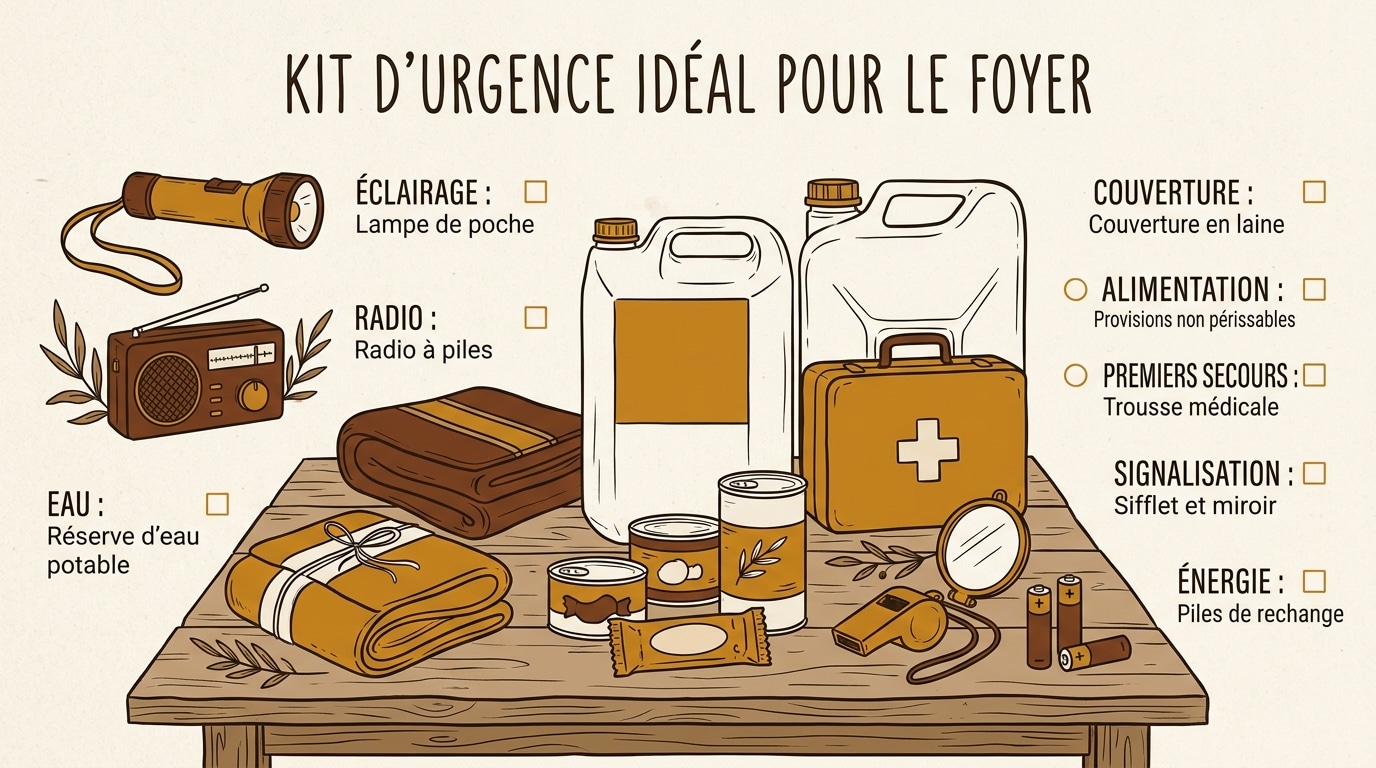 Infographie checklist du kit d'urgence : eau, radio, lampe torche, batteries de secours