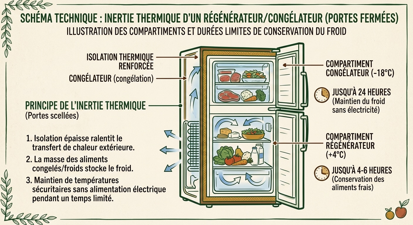 Schéma de la durée de conservation du froid dans un réfrigérateur et un congélateur sans électricité