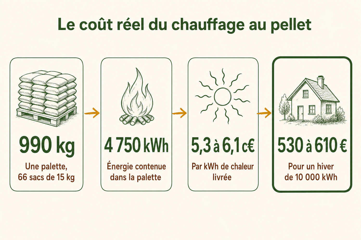 Schéma du coût réel du chauffage au pellet Limouzi, de la palette de 990 kg au budget annuel