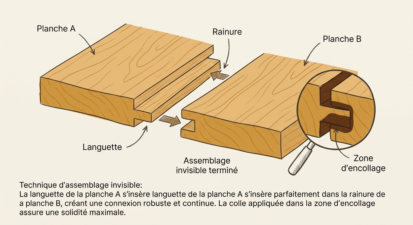 Illustration en coupe d'un assemblage par rainure et languette pour un plateau de table robuste