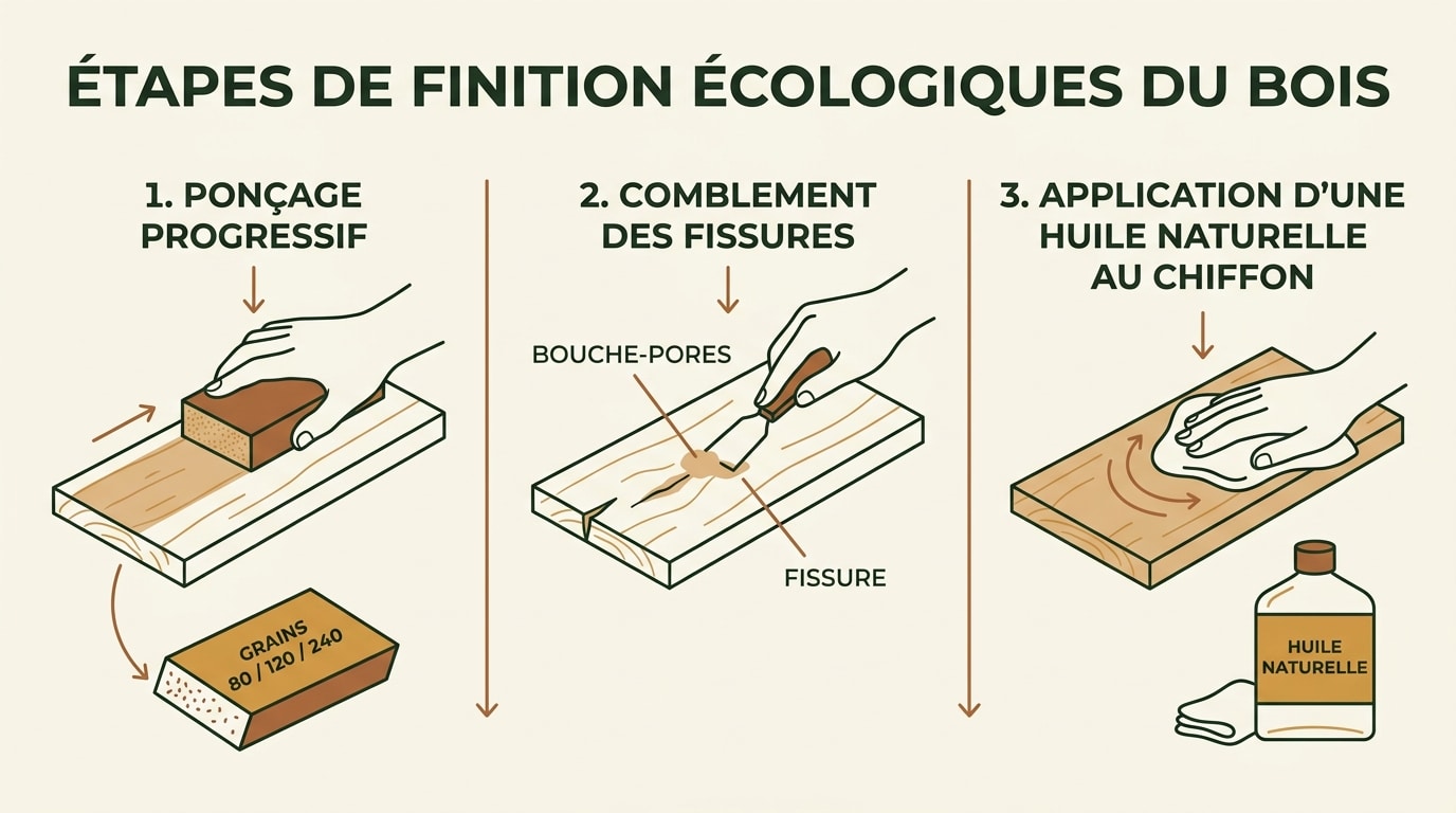 Infographie des étapes de finition : ponçage, réparation et huilage naturel du bois