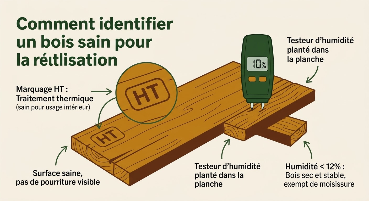Schéma d'identification du marquage HT d'une palette et contrôle de l'humidité du bois