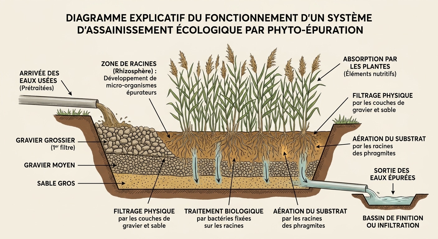 Diagramme du cycle d'assainissement naturel par phyto-épuration avec des roseaux