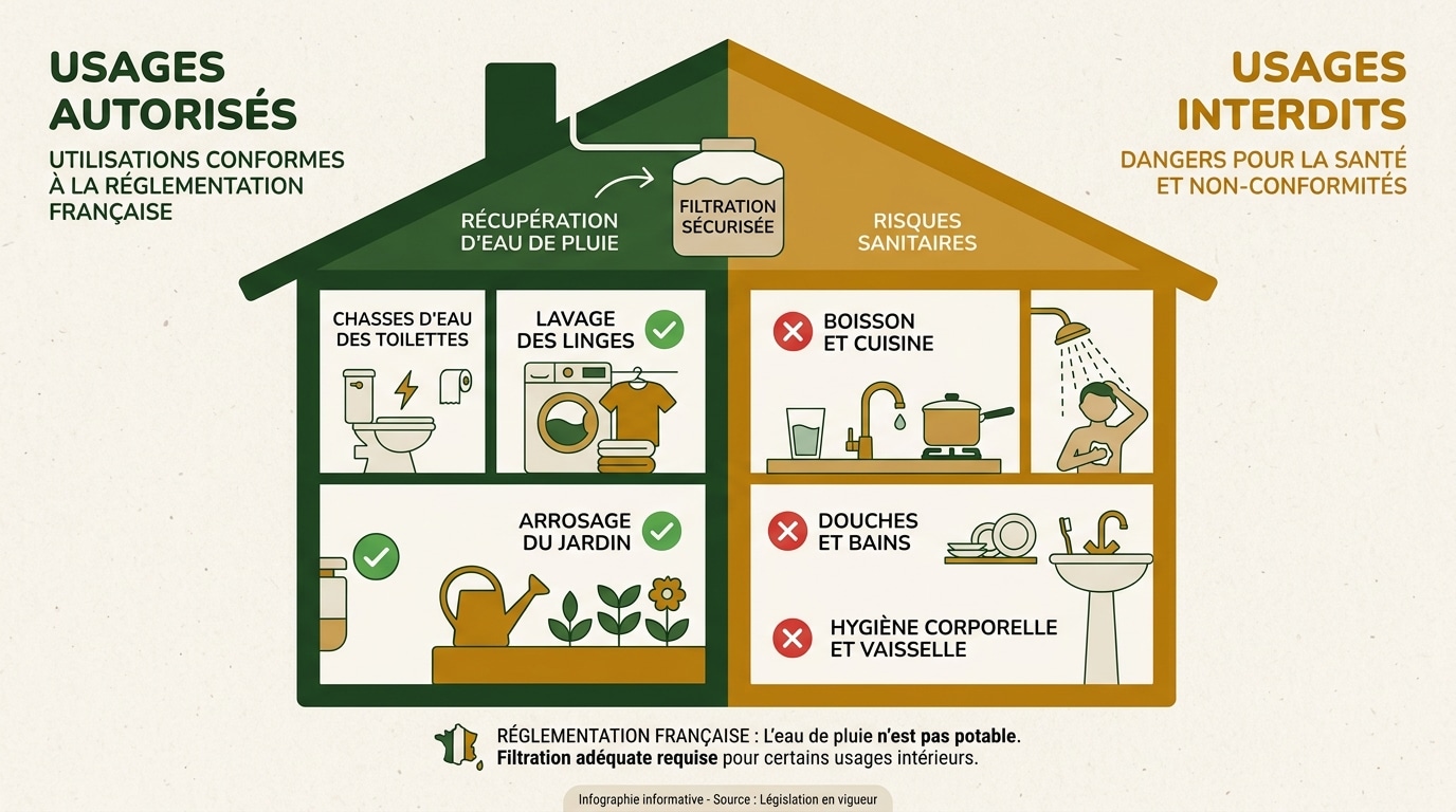 Infographie des usages légaux de l'eau de pluie dans une maison en France