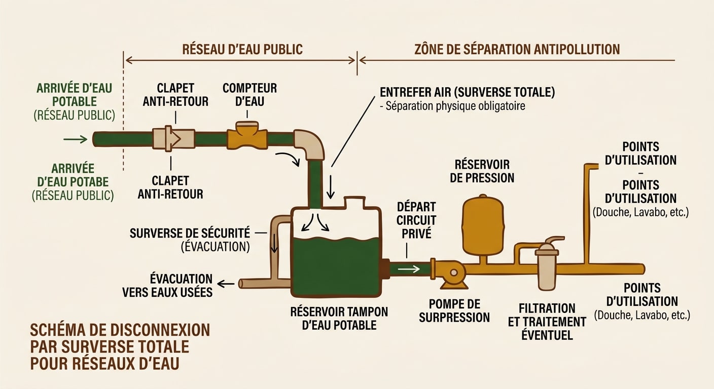 Schéma d'un système de disconnexion par surverse pour isoler l'eau de pluie