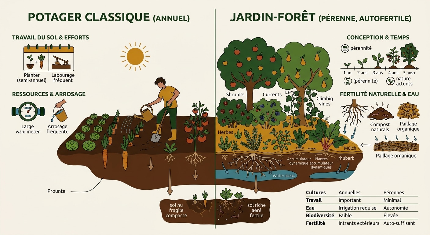 Comparatif avantages et entretien entre potager classique et jardin-forêt