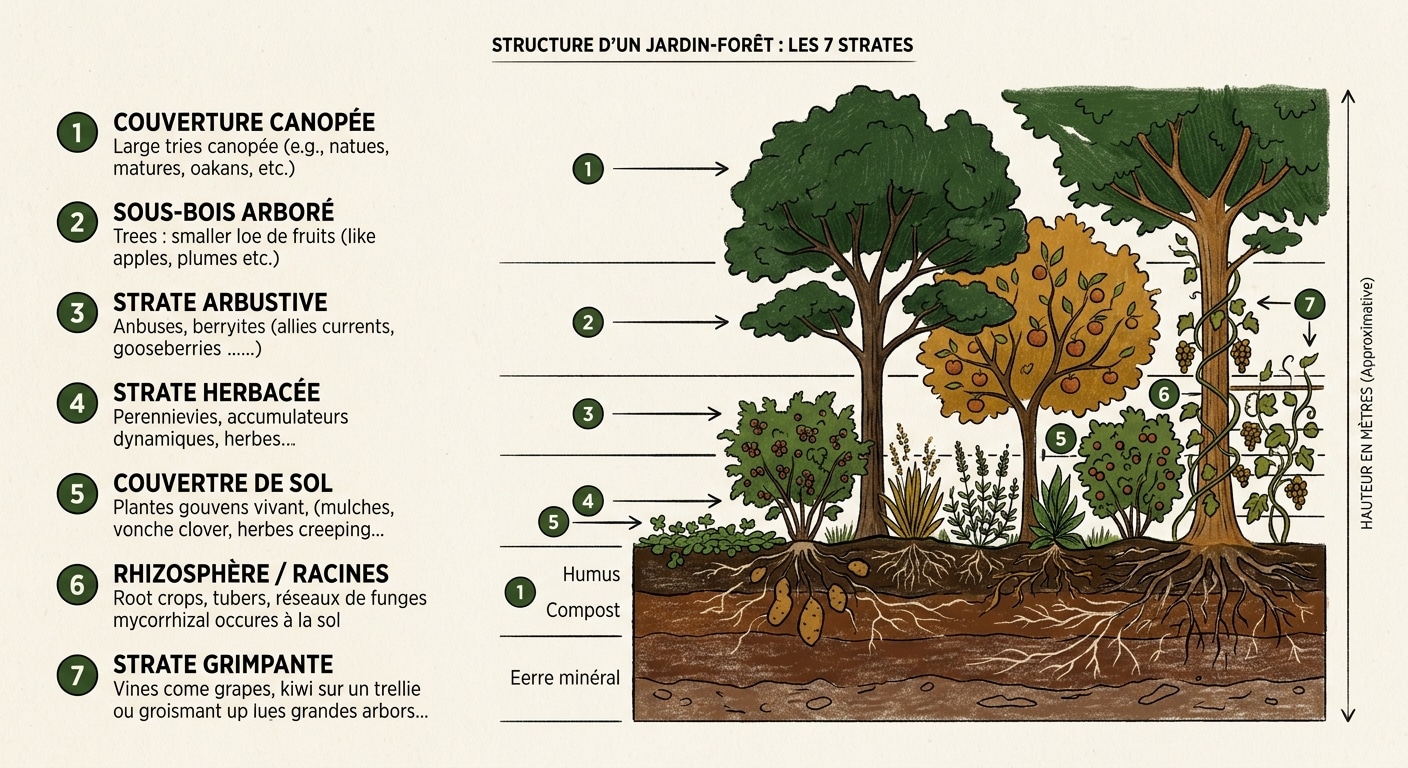 Schéma des 7 strates végétales d'un jardin-forêt permaculturel